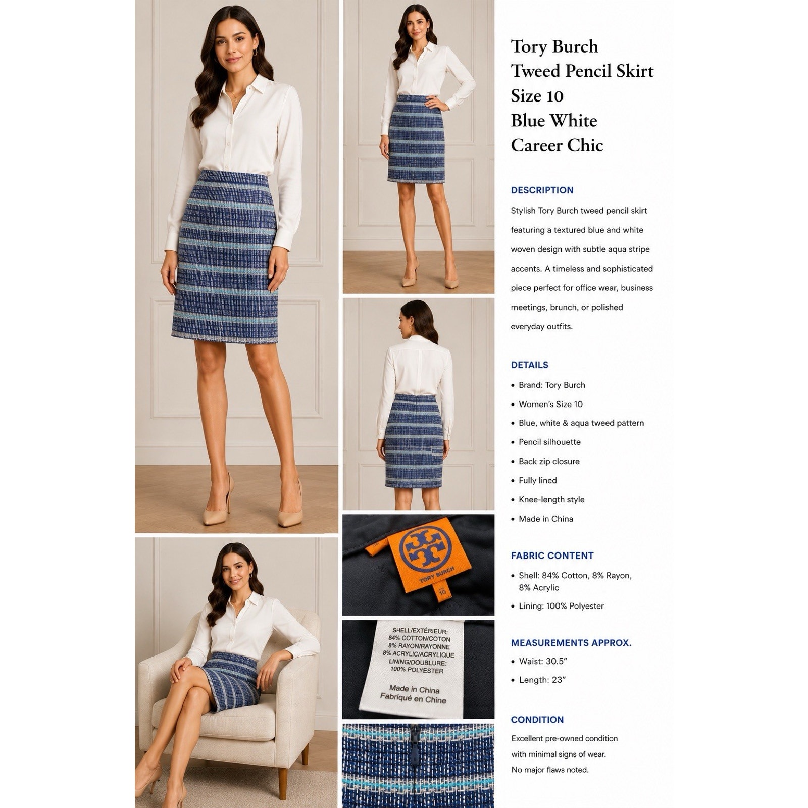 Tory Burch Blue White Tweed Pencil Skirt Size 10 Textured Career Chic